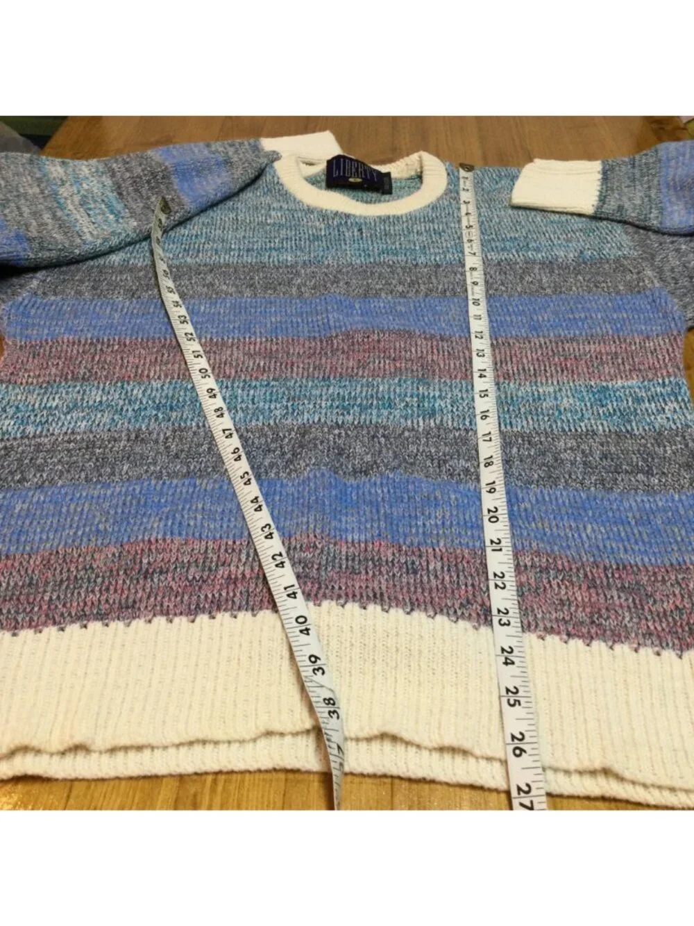 Vintage Liberty Striped Grandpa Sweater Size L Made in USA Preppy Crew Pullover